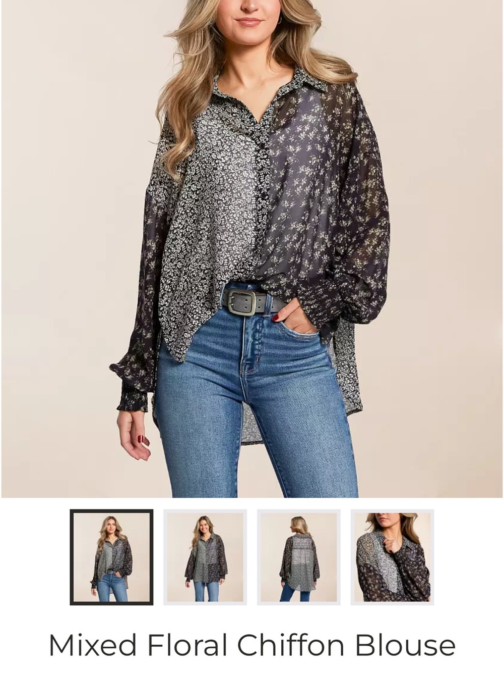 Buckle Mixed Floral Chiffon Blouse - Black/Gray